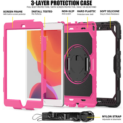 For iPad 10.2 (2020)/(2019) 360Â° Swivel Kickstand PC + Silicone Tablet Case Hand Strap Protective Cover with Shoulder Strap