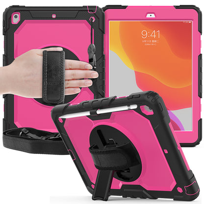 For iPad 10.2 (2020)/(2019) 360Â° Swivel Kickstand PC + Silicone Tablet Case Hand Strap Protective Cover with Shoulder Strap