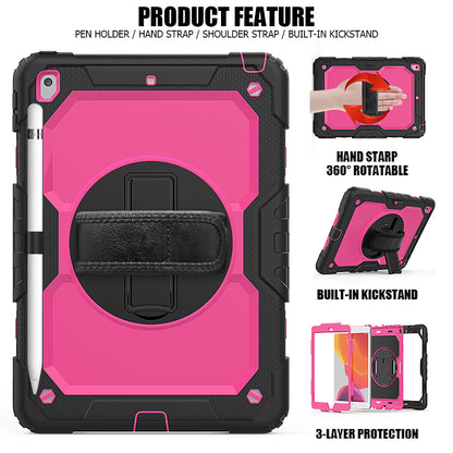 For iPad 10.2 (2020)/(2019) 360Â° Swivel Kickstand PC + Silicone Tablet Case Hand Strap Protective Cover with Shoulder Strap