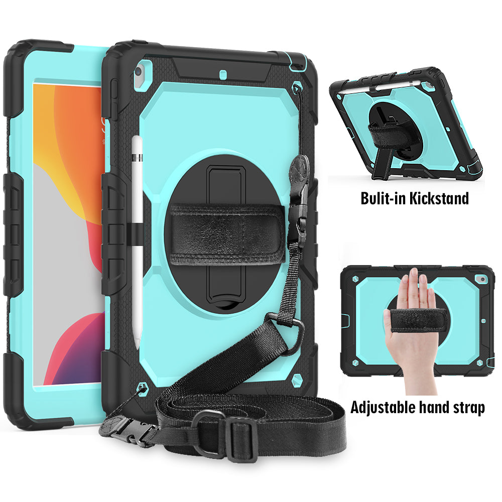 For iPad 10.2 (2020)/(2019) 360° Swivel Kickstand PC + Silicone Tablet Case Hand Strap Protective Cover with Shoulder Strap