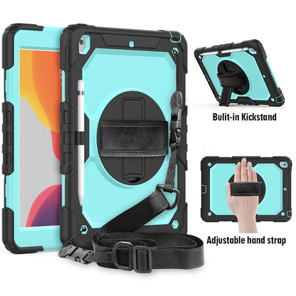 For iPad 10.2 (2020)/(2019) 360° Swivel Kickstand PC + Silicone Tablet Case Hand Strap Protective Cover with Shoulder Strap