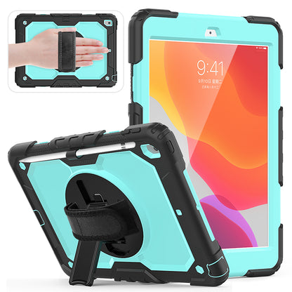 For iPad 10.2 (2020)/(2019) 360Â° Swivel Kickstand PC + Silicone Tablet Case Hand Strap Protective Cover with Shoulder Strap