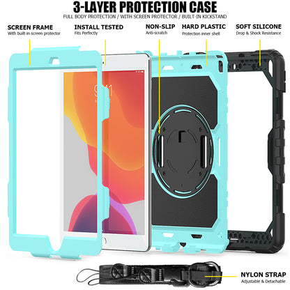 For iPad 10.2 (2020)/(2019) 360Â° Swivel Kickstand PC + Silicone Tablet Case Hand Strap Protective Cover with Shoulder Strap