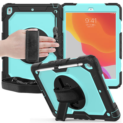 For iPad 10.2 (2020)/(2019) 360Â° Swivel Kickstand PC + Silicone Tablet Case Hand Strap Protective Cover with Shoulder Strap