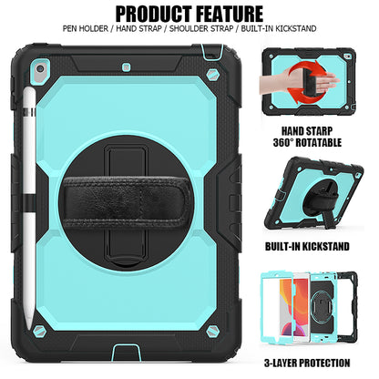 For iPad 10.2 (2020)/(2019) 360Â° Swivel Kickstand PC + Silicone Tablet Case Hand Strap Protective Cover with Shoulder Strap