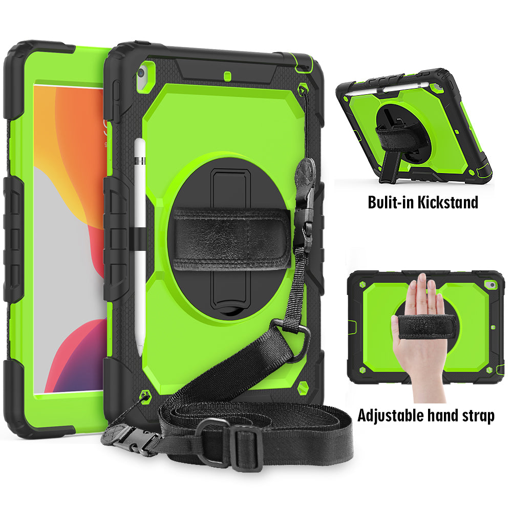 For iPad 10.2 (2020)/(2019) 360° Swivel Kickstand PC + Silicone Tablet Case Hand Strap Protective Cover with Shoulder Strap