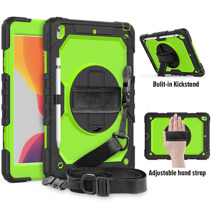 For iPad 10.2 (2020)/(2019) 360° Swivel Kickstand PC + Silicone Tablet Case Hand Strap Protective Cover with Shoulder Strap