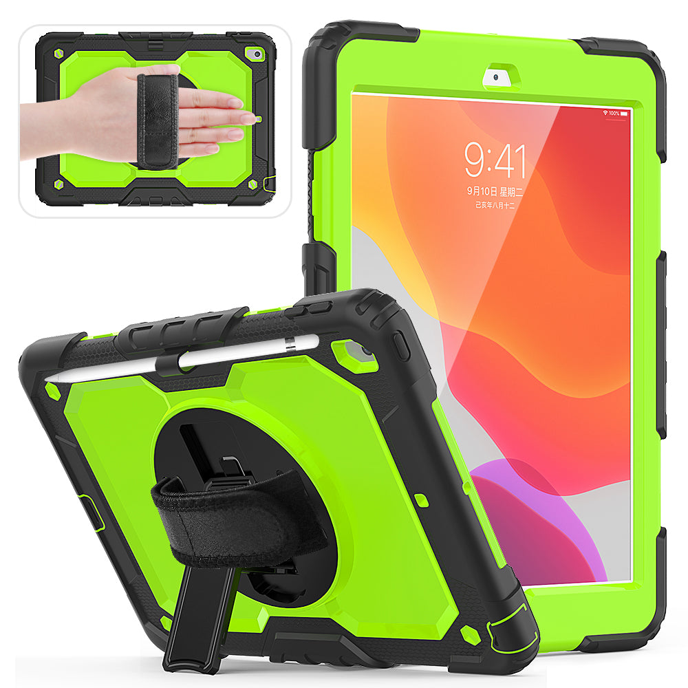 For iPad 10.2 (2020)/(2019) 360Â° Swivel Kickstand PC + Silicone Tablet Case Hand Strap Protective Cover with Shoulder Strap