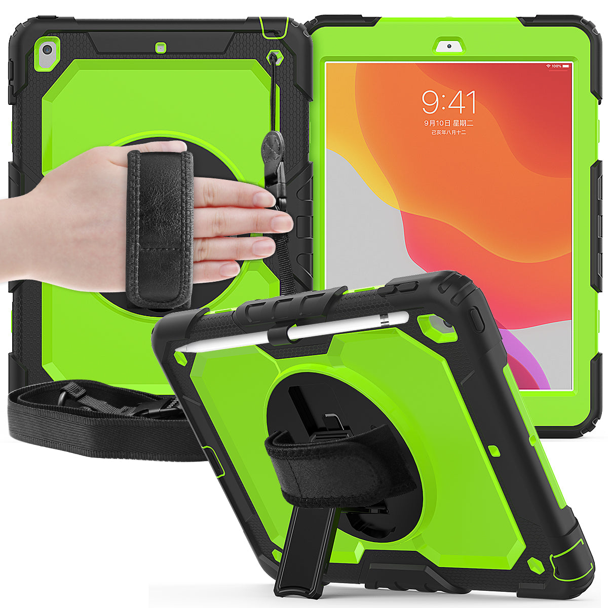 For iPad 10.2 (2020)/(2019) 360Â° Swivel Kickstand PC + Silicone Tablet Case Hand Strap Protective Cover with Shoulder Strap