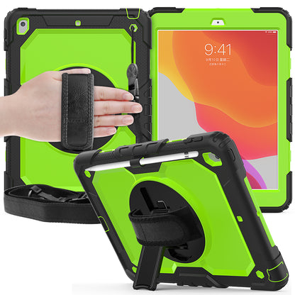 For iPad 10.2 (2020)/(2019) 360Â° Swivel Kickstand PC + Silicone Tablet Case Hand Strap Protective Cover with Shoulder Strap