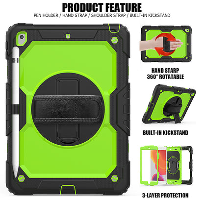 For iPad 10.2 (2020)/(2019) 360Â° Swivel Kickstand PC + Silicone Tablet Case Hand Strap Protective Cover with Shoulder Strap