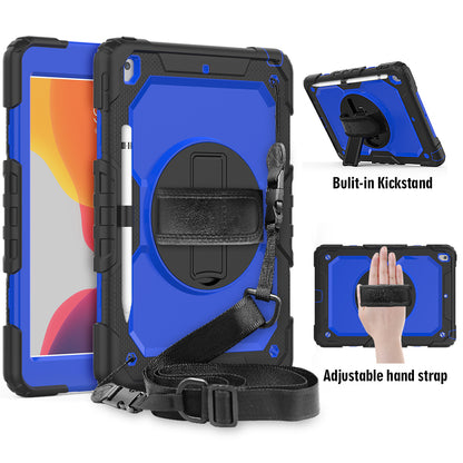 For iPad 10.2 (2020)/(2019) 360° Swivel Kickstand PC + Silicone Tablet Case Hand Strap Protective Cover with Shoulder Strap