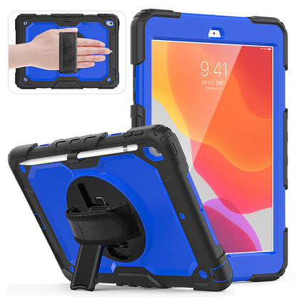 For iPad 10.2 (2020)/(2019) 360Â° Swivel Kickstand PC + Silicone Tablet Case Hand Strap Protective Cover with Shoulder Strap