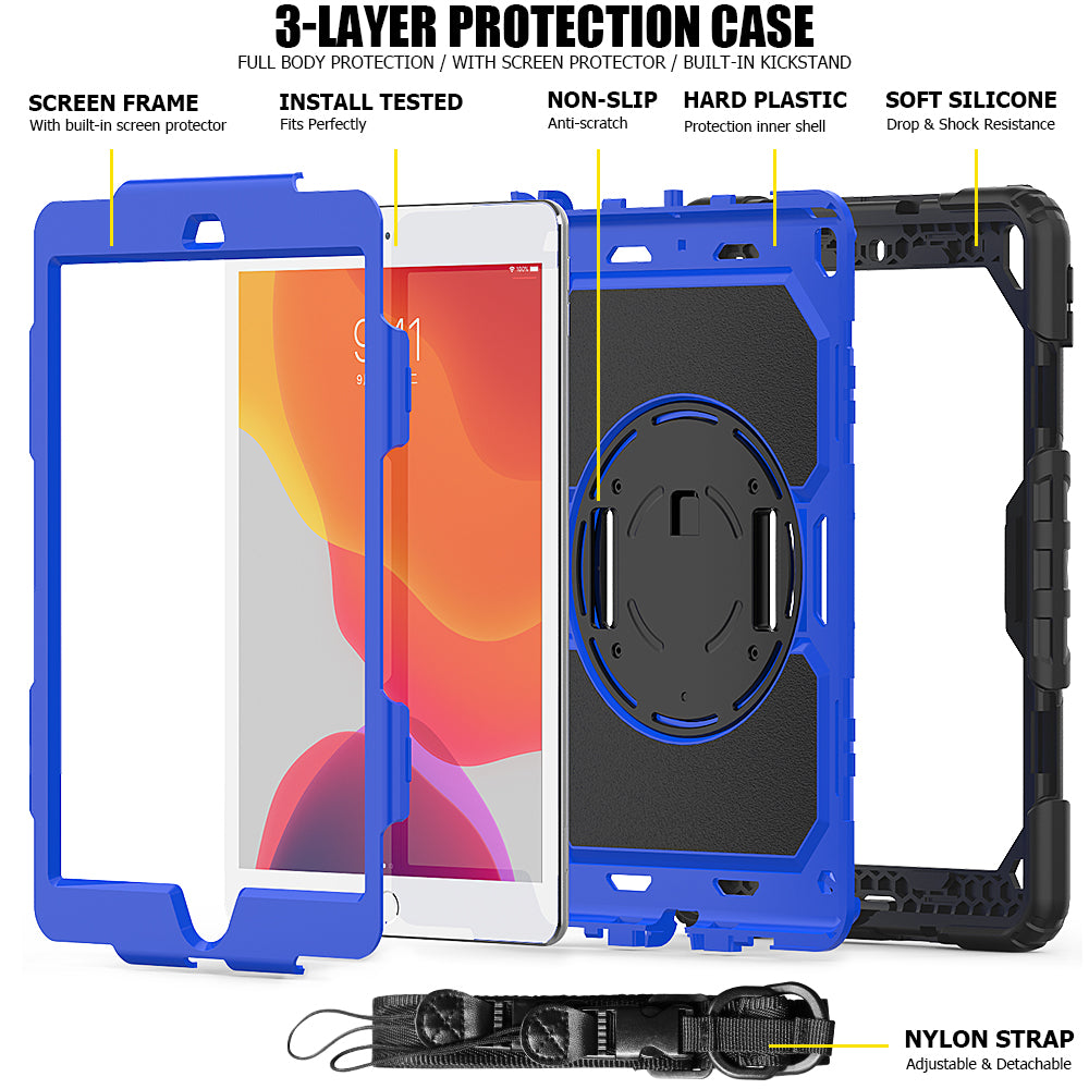For iPad 10.2 (2020)/(2019) 360Â° Swivel Kickstand PC + Silicone Tablet Case Hand Strap Protective Cover with Shoulder Strap