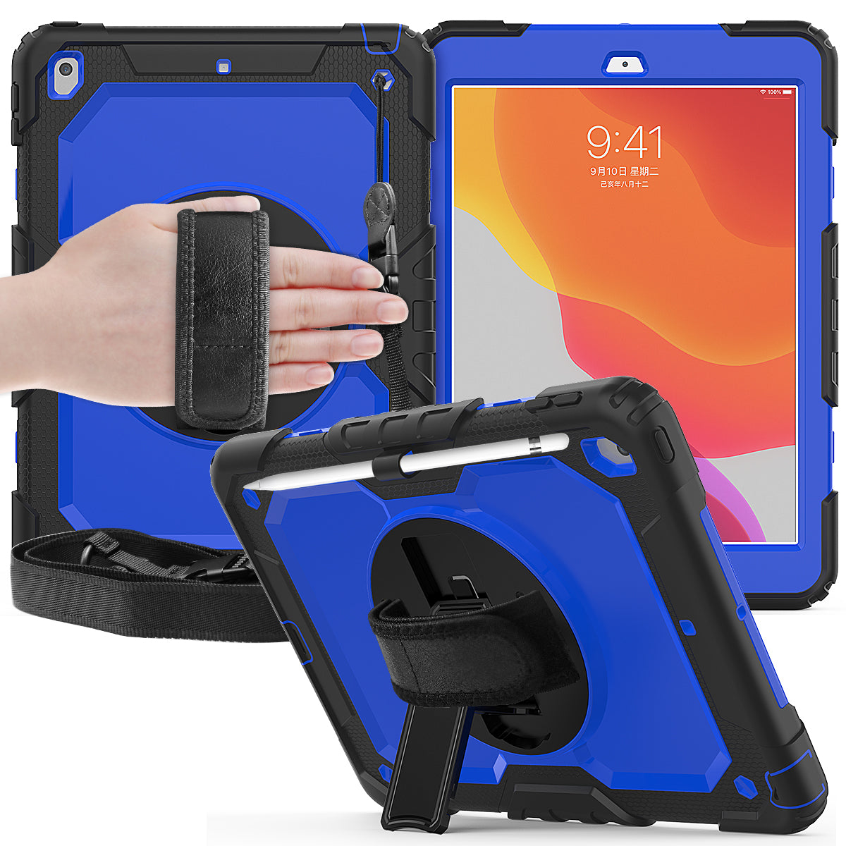 For iPad 10.2 (2020)/(2019) 360Â° Swivel Kickstand PC + Silicone Tablet Case Hand Strap Protective Cover with Shoulder Strap