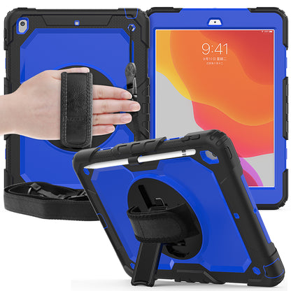For iPad 10.2 (2020)/(2019) 360Â° Swivel Kickstand PC + Silicone Tablet Case Hand Strap Protective Cover with Shoulder Strap