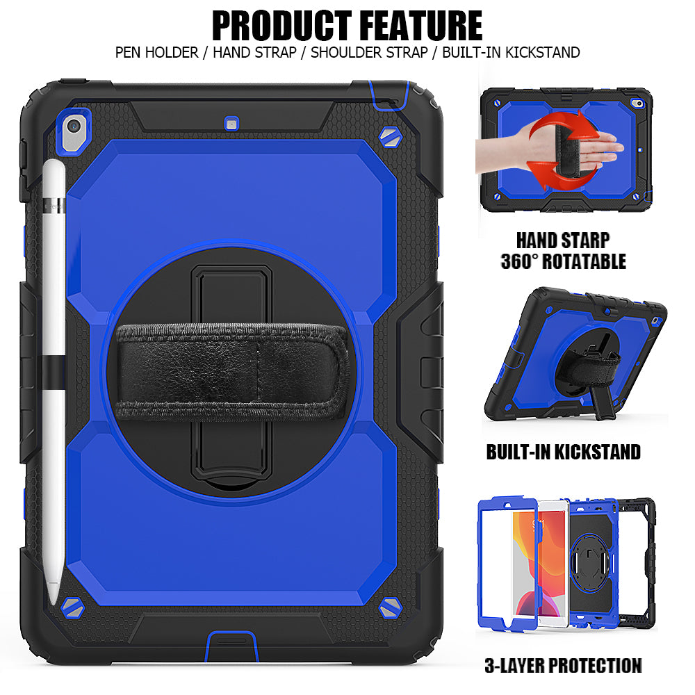 For iPad 10.2 (2020)/(2019) 360Â° Swivel Kickstand PC + Silicone Tablet Case Hand Strap Protective Cover with Shoulder Strap