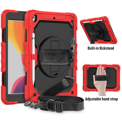 For iPad 10.2 (2020)/(2019) 360° Swivel Kickstand PC + Silicone Tablet Case Hand Strap Protective Cover with Shoulder Strap