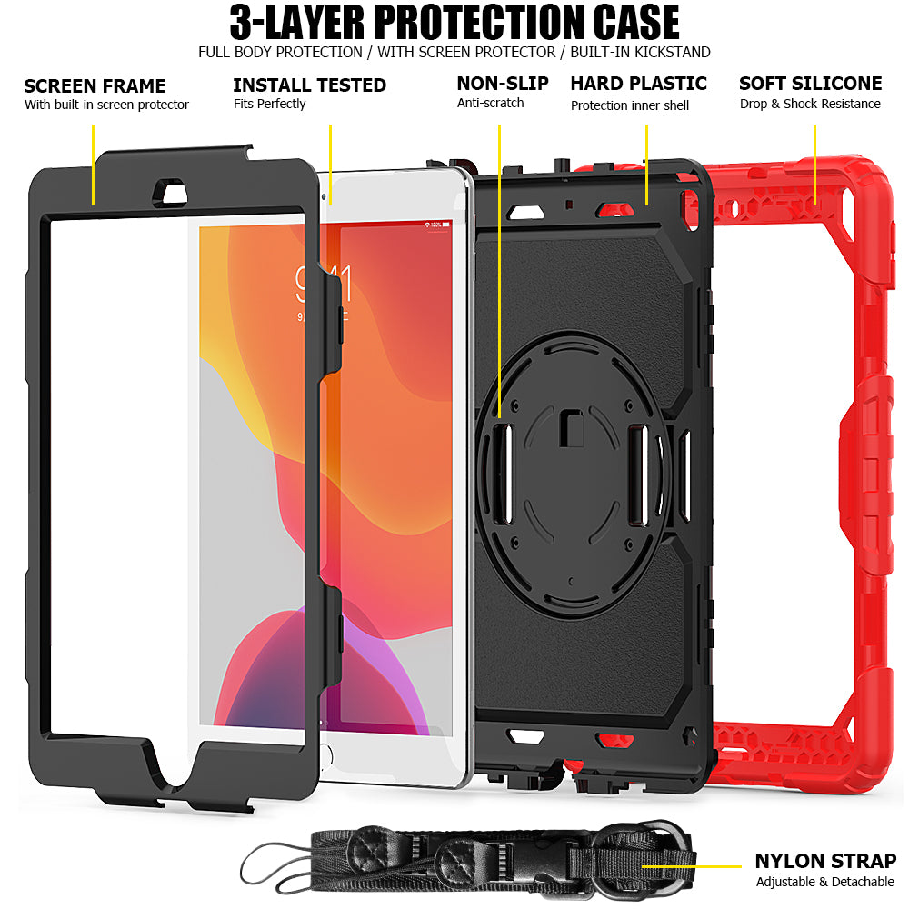For iPad 10.2 (2020)/(2019) 360Â° Swivel Kickstand PC + Silicone Tablet Case Hand Strap Protective Cover with Shoulder Strap