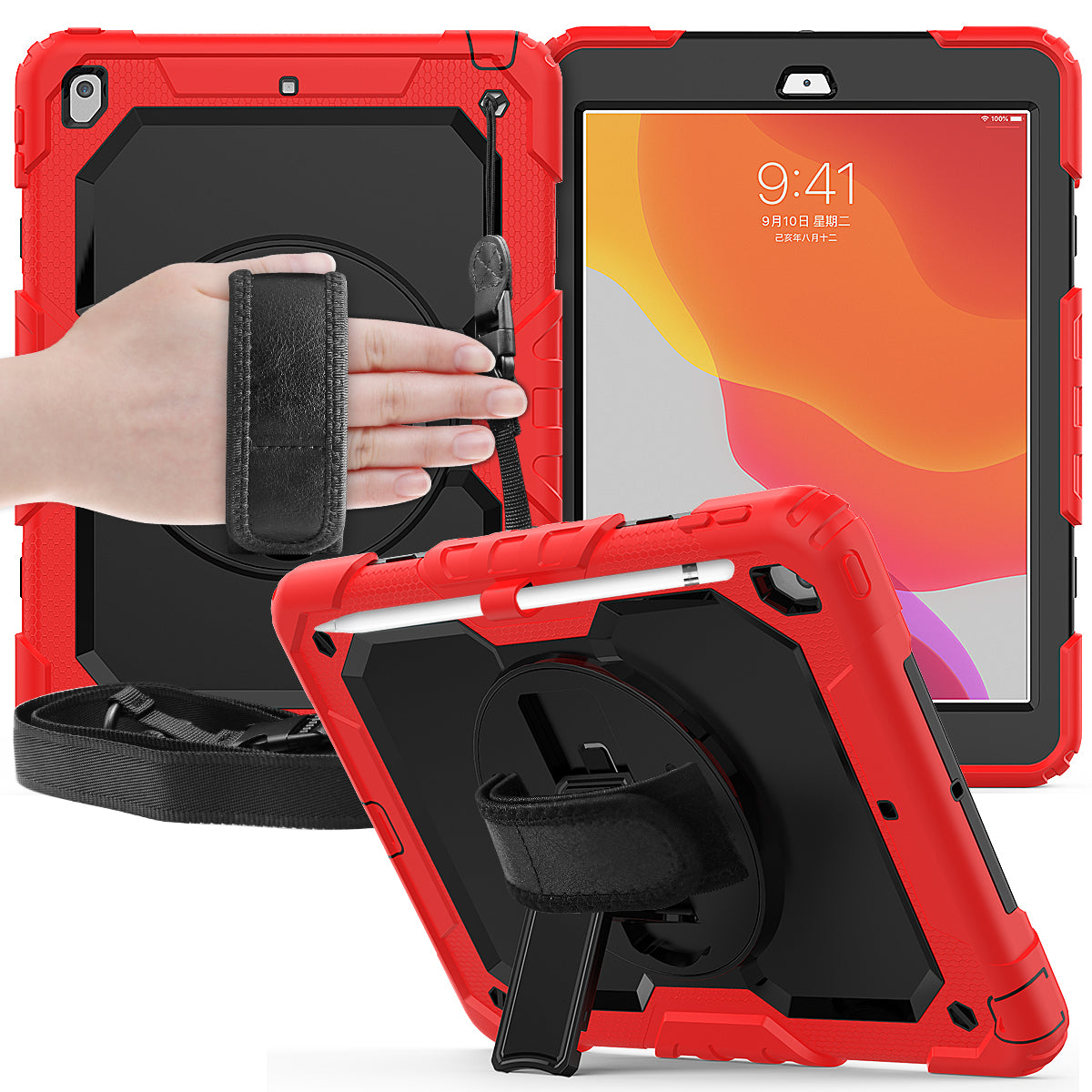 For iPad 10.2 (2020)/(2019) 360Â° Swivel Kickstand PC + Silicone Tablet Case Hand Strap Protective Cover with Shoulder Strap