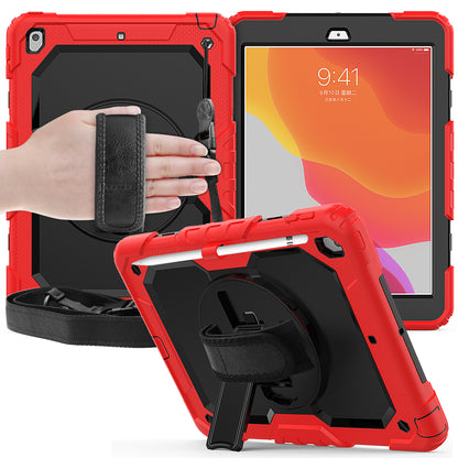 For iPad 10.2 (2020)/(2019) 360Â° Swivel Kickstand PC + Silicone Tablet Case Hand Strap Protective Cover with Shoulder Strap