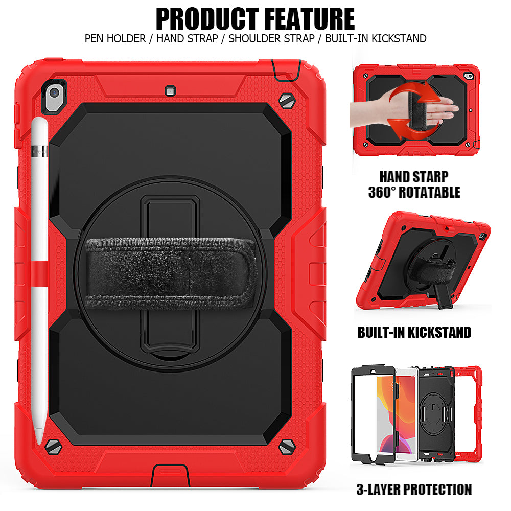 For iPad 10.2 (2020)/(2019) 360Â° Swivel Kickstand PC + Silicone Tablet Case Hand Strap Protective Cover with Shoulder Strap
