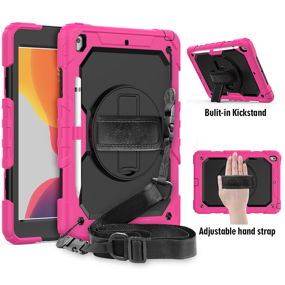 For iPad 10.2 (2020)/(2019) 360° Swivel Kickstand PC + Silicone Tablet Case Hand Strap Protective Cover with Shoulder Strap