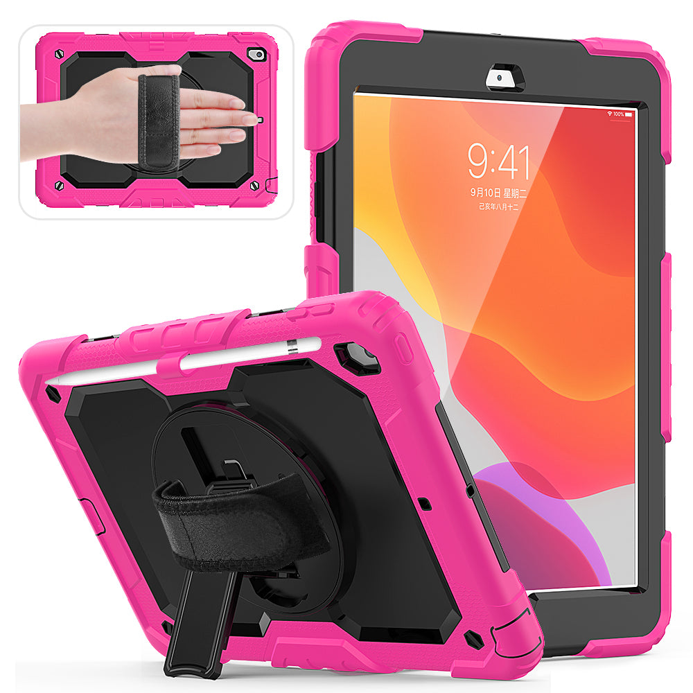 For iPad 10.2 (2020)/(2019) 360Â° Swivel Kickstand PC + Silicone Tablet Case Hand Strap Protective Cover with Shoulder Strap