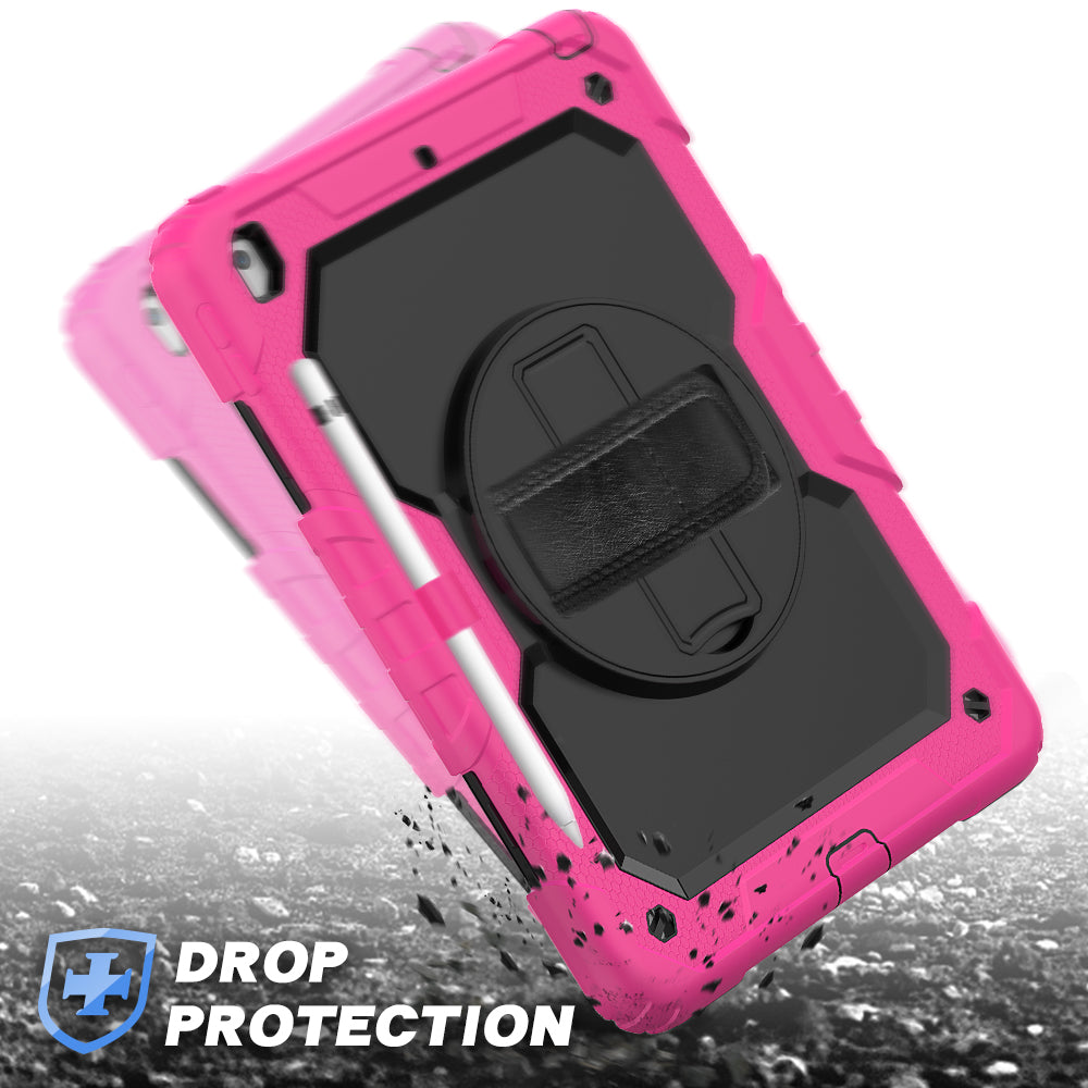 For iPad 10.2 (2020)/(2019) 360Â° Swivel Kickstand PC + Silicone Tablet Case Hand Strap Protective Cover with Shoulder Strap