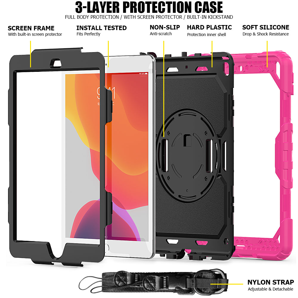 For iPad 10.2 (2020)/(2019) 360Â° Swivel Kickstand PC + Silicone Tablet Case Hand Strap Protective Cover with Shoulder Strap