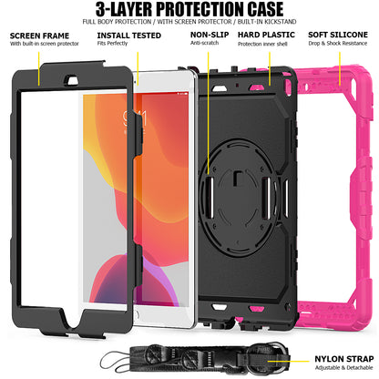 For iPad 10.2 (2020)/(2019) 360Â° Swivel Kickstand PC + Silicone Tablet Case Hand Strap Protective Cover with Shoulder Strap