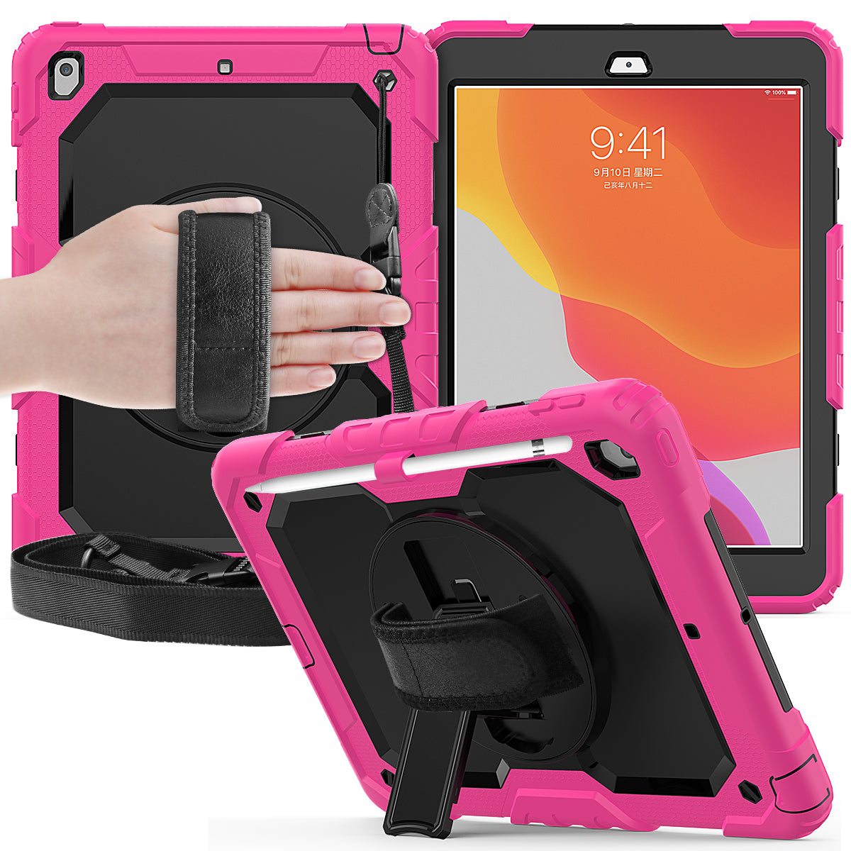 For iPad 10.2 (2020)/(2019) 360Â° Swivel Kickstand PC + Silicone Tablet Case Hand Strap Protective Cover with Shoulder Strap