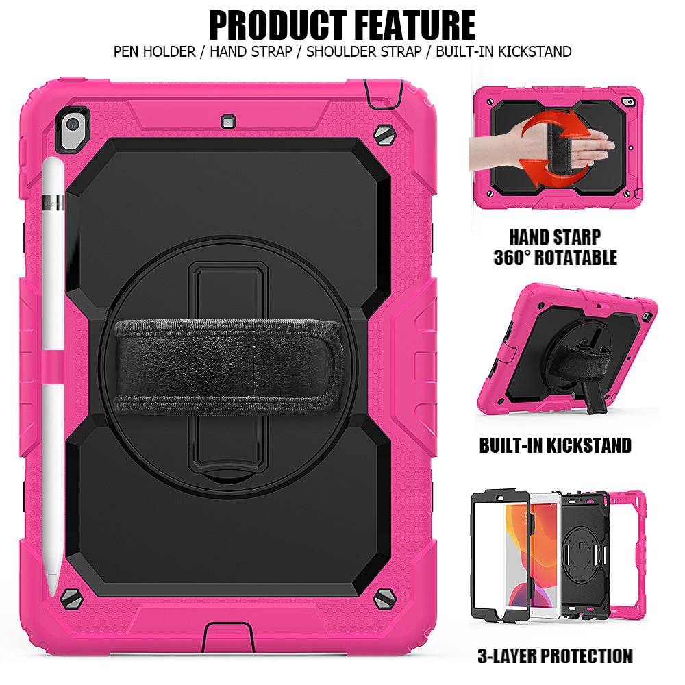 For iPad 10.2 (2020)/(2019) 360Â° Swivel Kickstand PC + Silicone Tablet Case Hand Strap Protective Cover with Shoulder Strap