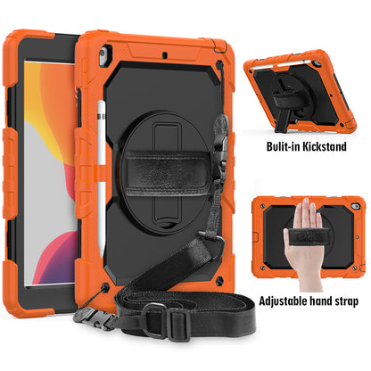 For iPad 10.2 (2020)/(2019) 360° Swivel Kickstand PC + Silicone Tablet Case Hand Strap Protective Cover with Shoulder Strap