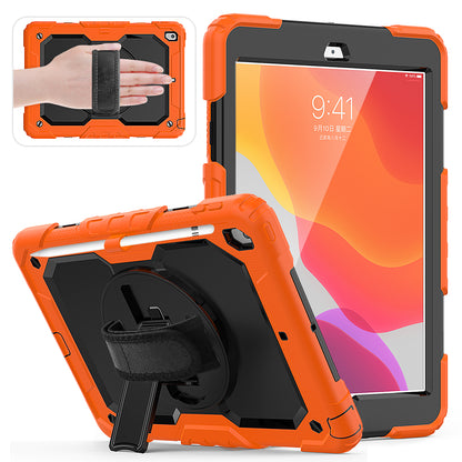 For iPad 10.2 (2020)/(2019) 360Â° Swivel Kickstand PC + Silicone Tablet Case Hand Strap Protective Cover with Shoulder Strap
