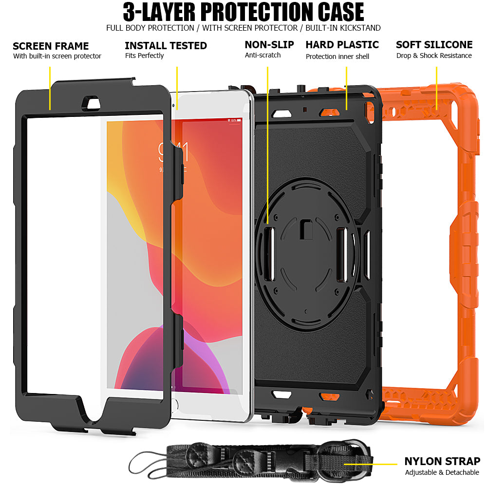 For iPad 10.2 (2020)/(2019) 360Â° Swivel Kickstand PC + Silicone Tablet Case Hand Strap Protective Cover with Shoulder Strap