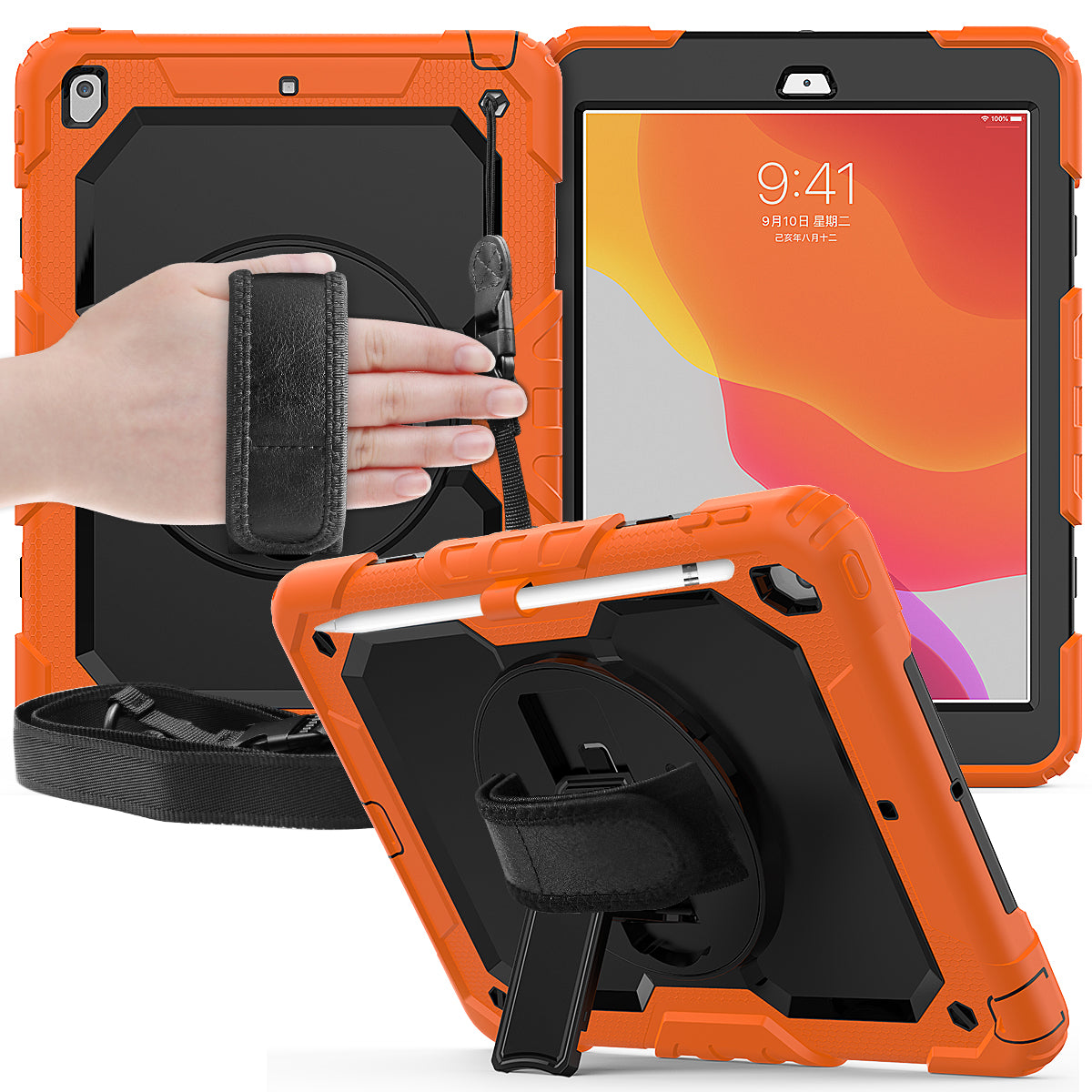 For iPad 10.2 (2020)/(2019) 360Â° Swivel Kickstand PC + Silicone Tablet Case Hand Strap Protective Cover with Shoulder Strap