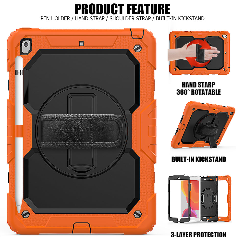 For iPad 10.2 (2020)/(2019) 360Â° Swivel Kickstand PC + Silicone Tablet Case Hand Strap Protective Cover with Shoulder Strap