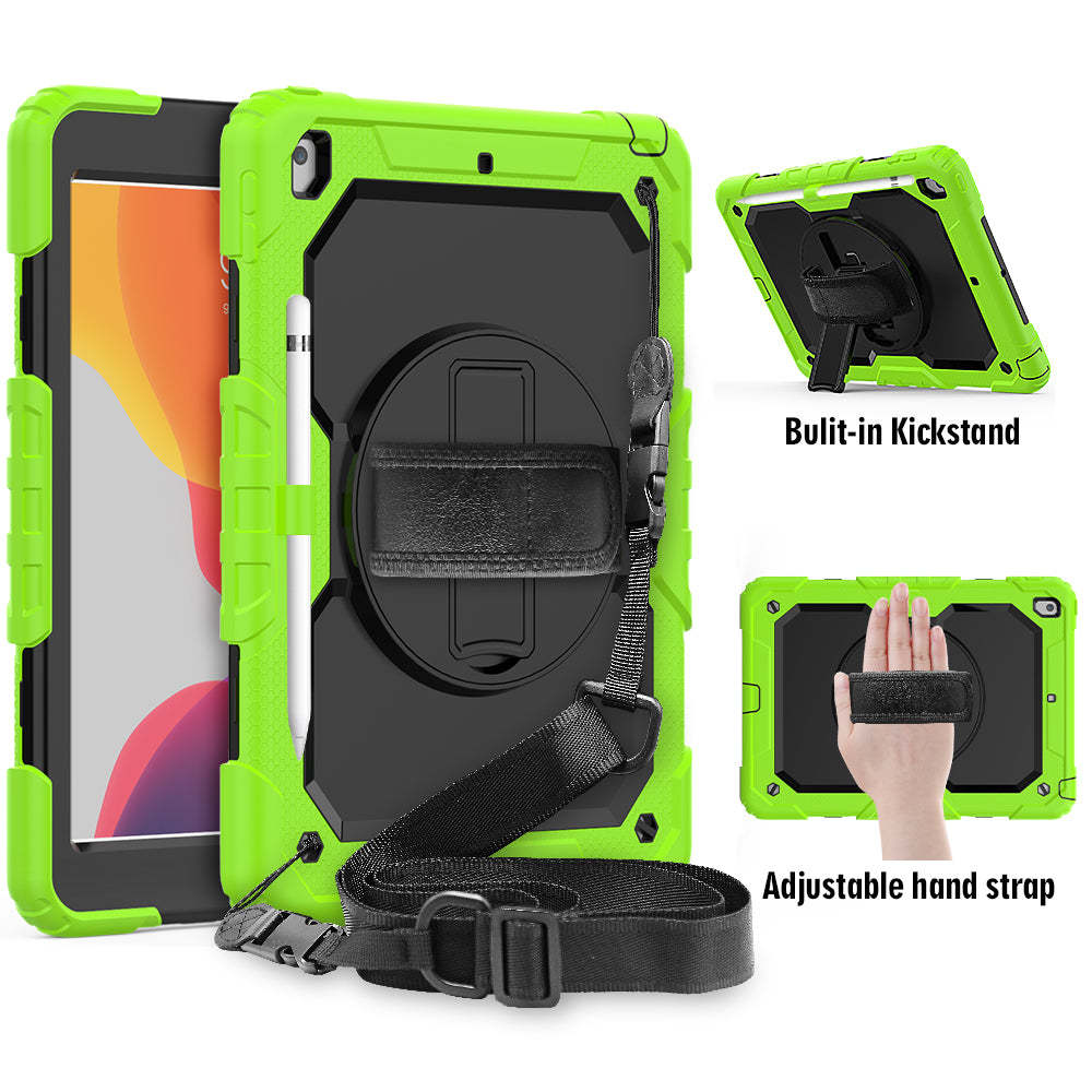 For iPad 10.2 (2020)/(2019) 360° Swivel Kickstand PC + Silicone Tablet Case Hand Strap Protective Cover with Shoulder Strap