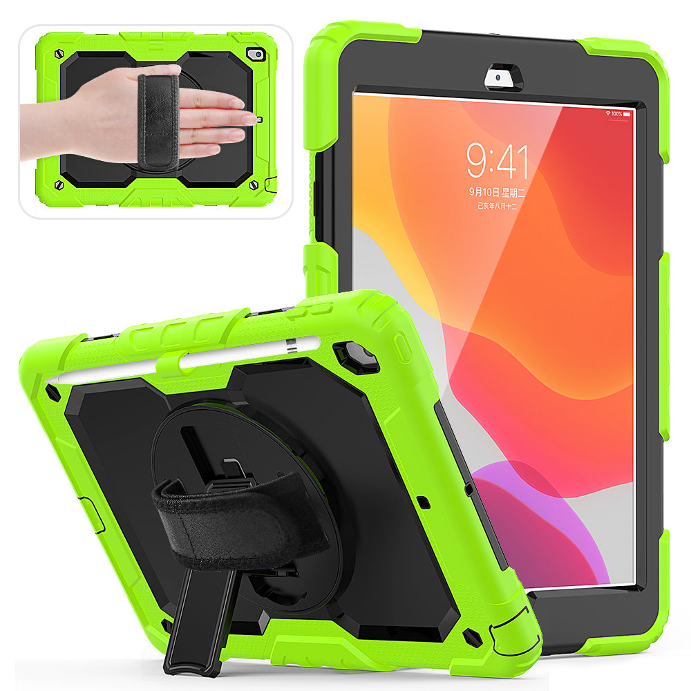 For iPad 10.2 (2020)/(2019) 360Â° Swivel Kickstand PC + Silicone Tablet Case Hand Strap Protective Cover with Shoulder Strap