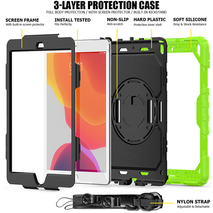 For iPad 10.2 (2020)/(2019) 360Â° Swivel Kickstand PC + Silicone Tablet Case Hand Strap Protective Cover with Shoulder Strap