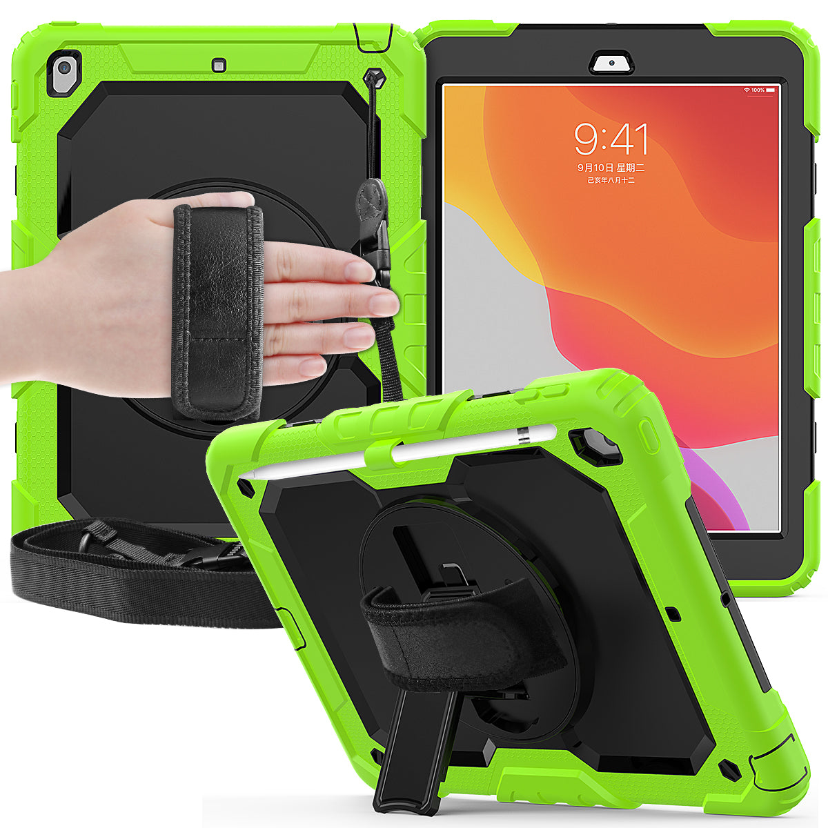 For iPad 10.2 (2020)/(2019) 360Â° Swivel Kickstand PC + Silicone Tablet Case Hand Strap Protective Cover with Shoulder Strap