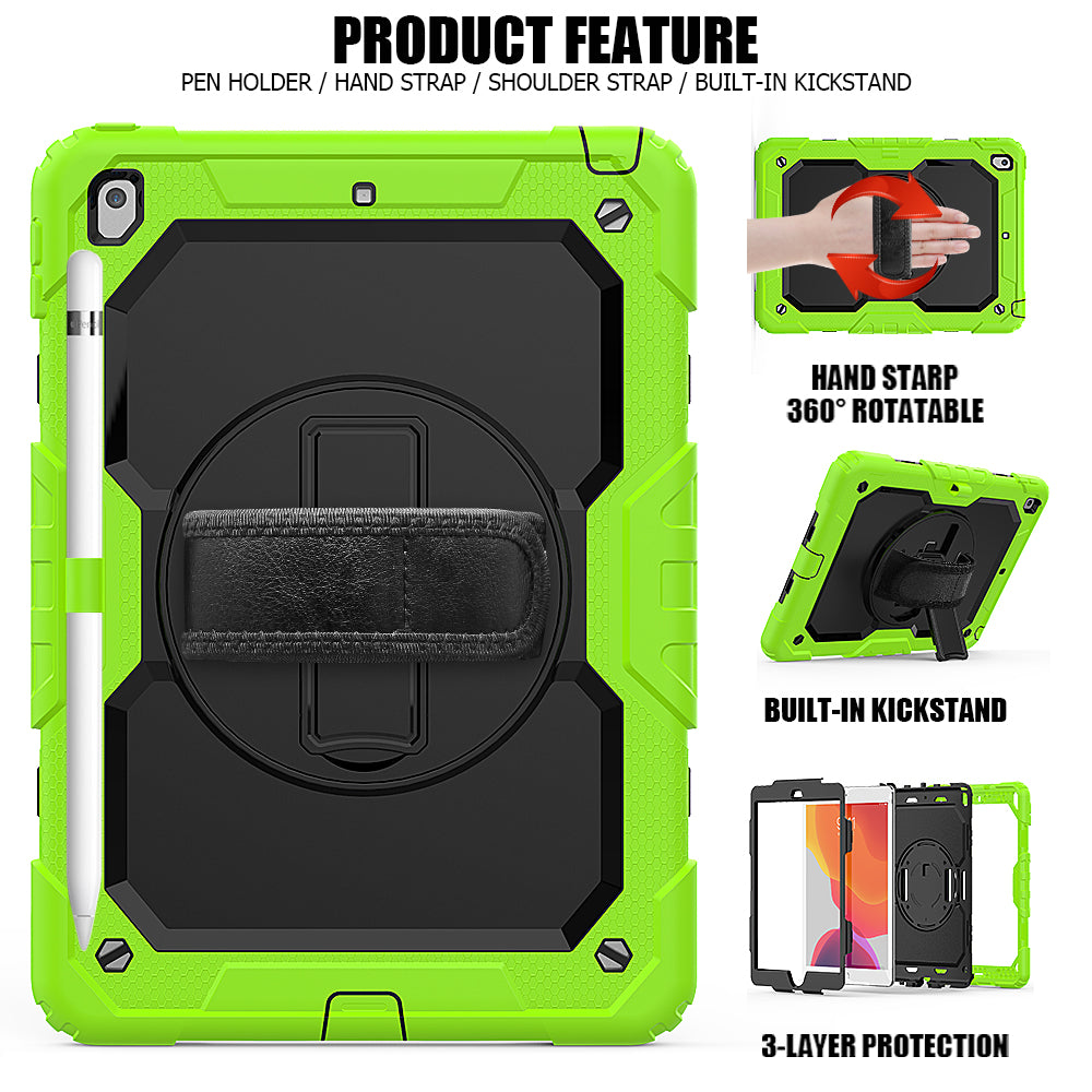 For iPad 10.2 (2020)/(2019) 360Â° Swivel Kickstand PC + Silicone Tablet Case Hand Strap Protective Cover with Shoulder Strap