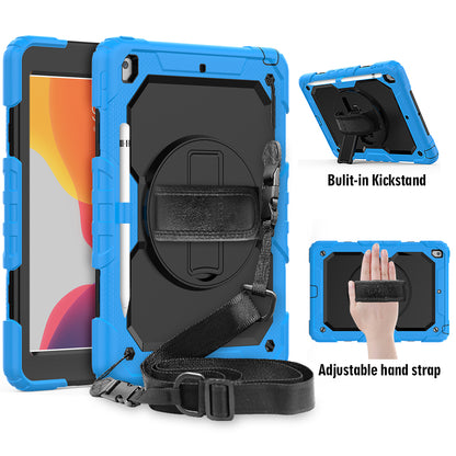 For iPad 10.2 (2020)/(2019) 360° Swivel Kickstand PC + Silicone Tablet Case Hand Strap Protective Cover with Shoulder Strap