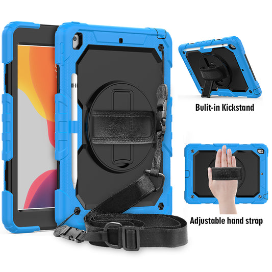For iPad 10.2 (2020)/(2019) 360° Swivel Kickstand PC + Silicone Tablet Case Hand Strap Protective Cover with Shoulder Strap