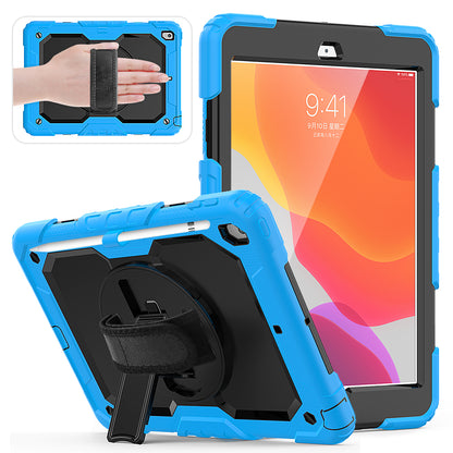 For iPad 10.2 (2020)/(2019) 360Â° Swivel Kickstand PC + Silicone Tablet Case Hand Strap Protective Cover with Shoulder Strap