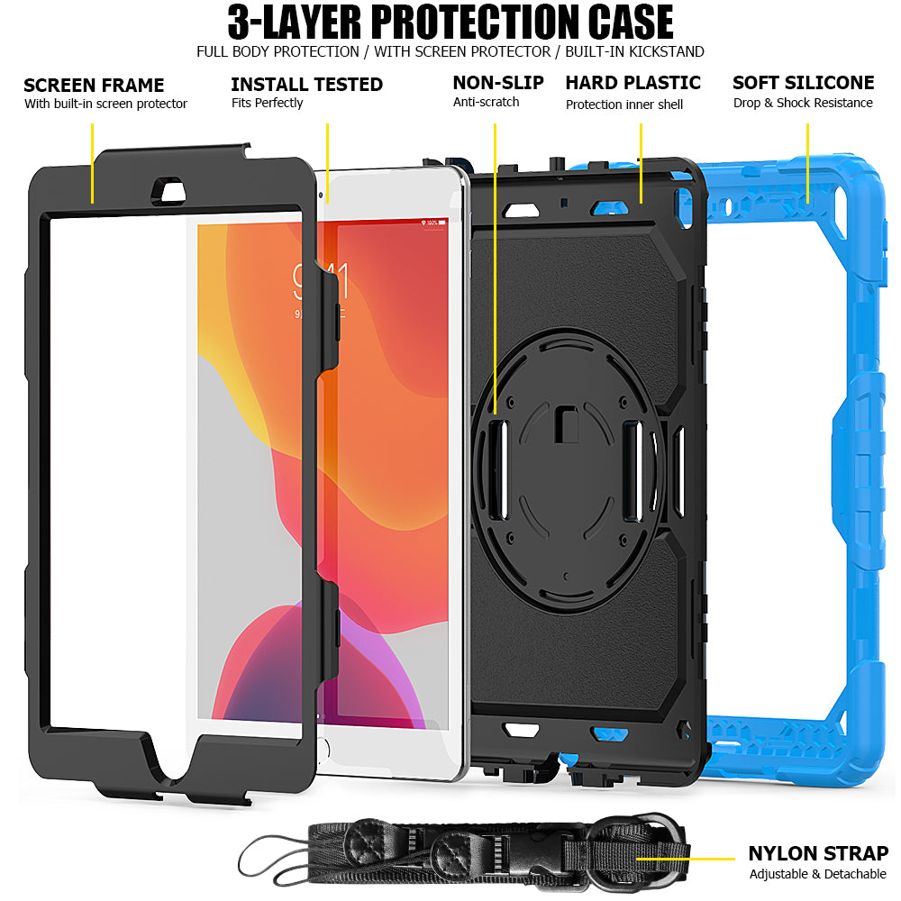 For iPad 10.2 (2020)/(2019) 360Â° Swivel Kickstand PC + Silicone Tablet Case Hand Strap Protective Cover with Shoulder Strap