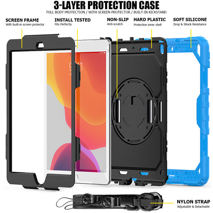 For iPad 10.2 (2020)/(2019) 360Â° Swivel Kickstand PC + Silicone Tablet Case Hand Strap Protective Cover with Shoulder Strap