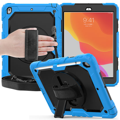 For iPad 10.2 (2020)/(2019) 360Â° Swivel Kickstand PC + Silicone Tablet Case Hand Strap Protective Cover with Shoulder Strap