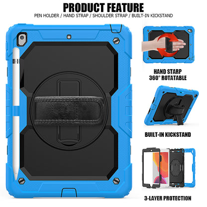 For iPad 10.2 (2020)/(2019) 360Â° Swivel Kickstand PC + Silicone Tablet Case Hand Strap Protective Cover with Shoulder Strap